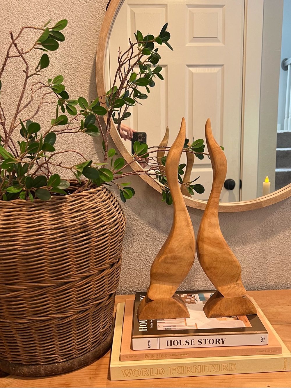 Wood Carved Heron Figurines, Set of 2 Sculptural abstract birds 16” tall